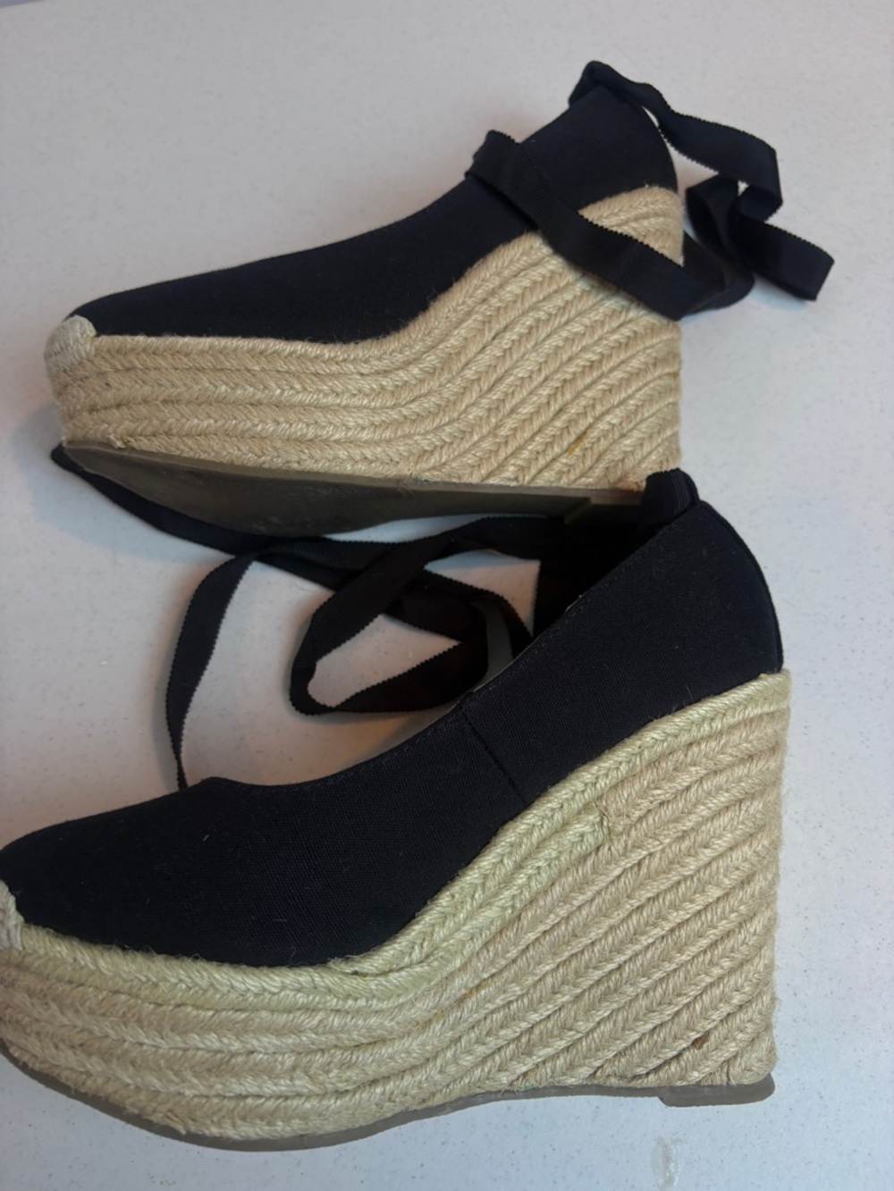 Delicious Black Espadrille Wedge Tie Ribbon Ankle Pumps‎ - Picture 9 of 10